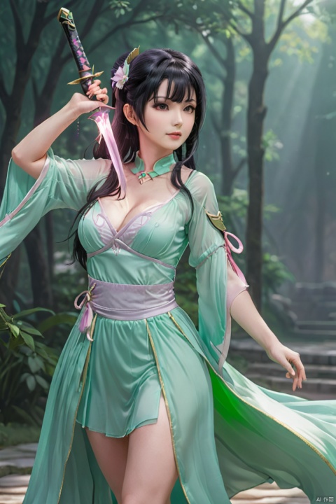  a girl is pulling a sword from her chest, dancedress,fantasy
, game cg.pink and green clothes,black hair,middle_breasts,2.5d,
zgirl, tianqi
