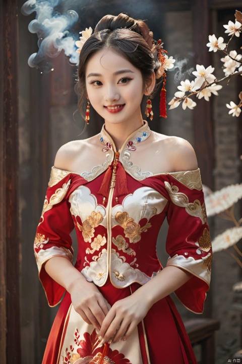 best quality, masterpiece,cowboy_shot,(Good structure),,a girl,xianjing,Off-the-shoulder, bust photo,upper body,Hanfu, Cloud, Smoke,branch,flower, smile,Gaze at the audience, Ink scattering_Chinese style, ((poakl)), ,looking_at_viewer,kind smile, , chinese dress,white dress, liuyifei,long_hair, 1girl, wangyushan, Red and goldclothes