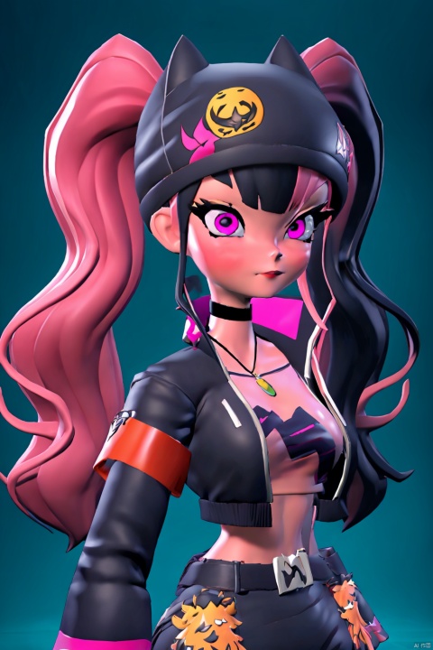 masterpiece, best quality,ZOE,1girl,jacket,multicolored hair,twintails,solo,black hair,black belt,black jacket,pink eyes,belt,hat,pink hair,choker,black choker,looking at viewer,crop top,jewelry,breasts,necklace,bangs,long hair,black headwear,