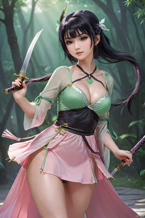  a girl is pulling a sword from her chest, dancedress,fantasy
, game cg.pink and green clothes,black hair,middle_breasts,2.5d,
zgirl, tianqi