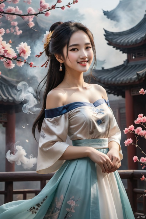 best quality, masterpiece,cowboy_shot,(Good structure),,a girl,xianjing,Off-the-shoulder, bust photo,upper body,Hanfu, Cloud, Smoke,branch,flower, smile,Gaze at the audience, Ink scattering_Chinese style, ((poakl)), ,looking_at_viewer,kind smile, , chinese dress,white dress, liuyifei,long_hair, 1girl, wangyushan