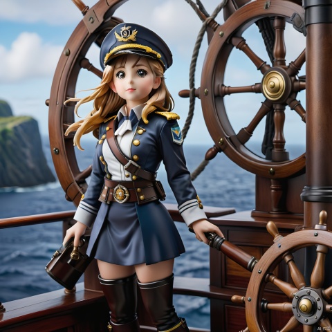 1girl, PVC,best quality,masterpiece,She's dressed in a white captain's uniform, with golden buttons and epaulettes on the jacket that signify her authority. A wide belt cinches her waist, and long boots accentuate her legs. A captain's hat rests on her head, and she holds a telescope in hand, standing by the ship's wheel, her eyes filled with determination and confidence, as if guiding the vessel toward uncharted waters.