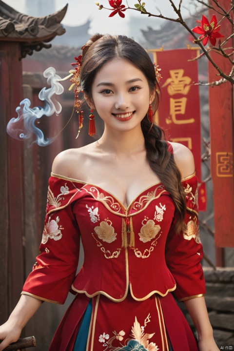 best quality, masterpiece,cowboy_shot,(Good structure),,a girl, Red and goldclothes,xianjing,Off-the-shoulder, bust photo,upper body, Cloud, Smoke,branch,flower, smile,Gaze at the audience, Ink scattering_Chinese style, ((poakl)), ,looking_at_viewer,kind smile, long_hair, 1girl,