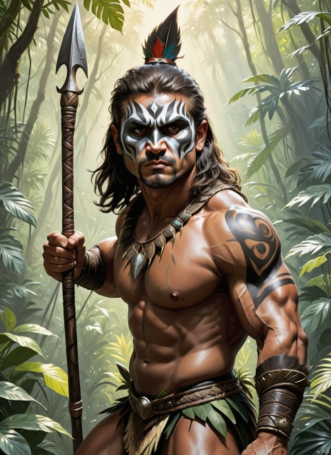 ((best quality)), ((masterpiece)), (detailed), (realistic), male warrior, muscular physique, tribal attire, face paint, wielding spear, (jungle:1.3), dense foliage, exotic plants, dappled sunlight, (hyperrealistic:1.2), oil painting, (Frank Frazetta:1.1), DeviantArt influence, dynamic action pose, (intense expression:1.2), (portrait shot:1.1), 8k resolution