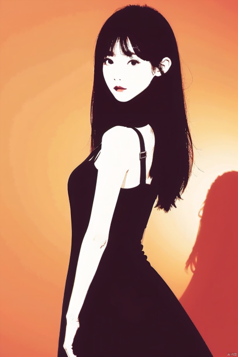  1girl,hair with bangs,black long dress,orange background,