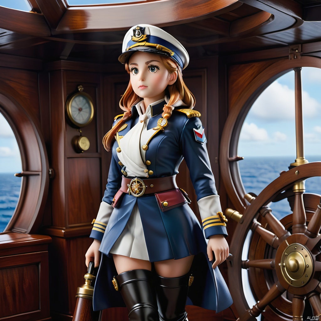 1girl, PVC,best quality,masterpiece,She's dressed in a white captain's uniform, with golden buttons and epaulettes on the jacket that signify her authority. A wide belt cinches her waist, and long boots accentuate her legs. A captain's hat rests on her head, and she holds a telescope in hand, standing by the ship's wheel, her eyes filled with determination and confidence, as if guiding the vessel toward uncharted waters.