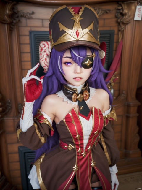  (Best quality: 1.1),  (highly details: 1.1), chevreuse_\(genshin_impact\), 1girl, long hair, solo, hat, eyepatch, purple hair, , hevreuse_\(genshin_impact\)