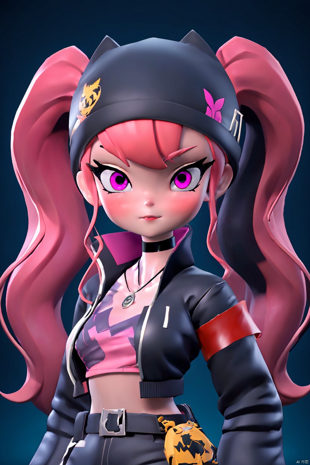 masterpiece, best quality,ZOE,1girl,jacket,multicolored hair,twintails,solo,black hair,black belt,black jacket,pink eyes,belt,hat,pink hair,choker,black choker,looking at viewer,crop top,jewelry,breasts,necklace,bangs,long hair,black headwear,