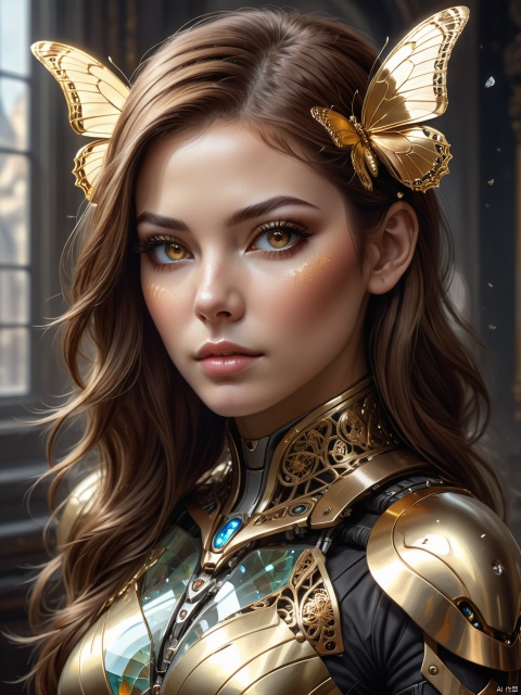 photo, 8k portrait of beautiful cyborg with brown hair, intricate, elegant, highly detailed, majestic, digital photography, art by artgerm and ruan jia and greg rutkowski surreal painting gold butterfly filigree, broken glass, (masterpiece, sidelighting, finely detailed beautiful eyes: 1.2), hdr, realistic, high definition
