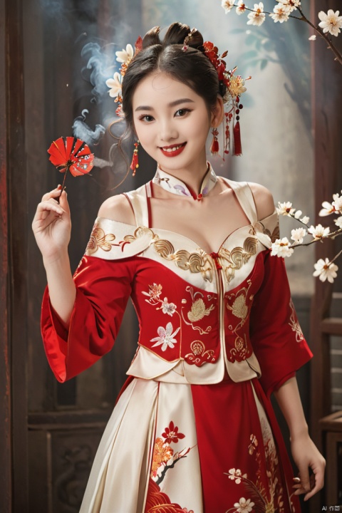 best quality, masterpiece,cowboy_shot,(Good structure),,a girl, Red and goldclothes,xianjing,Off-the-shoulder, bust photo,upper body,Hanfu, Cloud, Smoke,branch,flower, smile,Gaze at the audience, Ink scattering_Chinese style, ((poakl)), ,looking_at_viewer,kind smile, , chinese dress,white dress, liuyifei,long_hair, 1girl, wangyushan