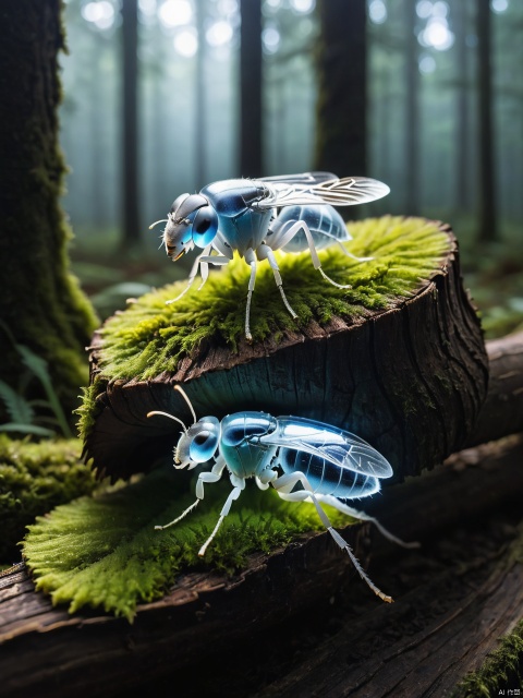 Glowing transparent insect, fused with mushroom, forest, on a mossed log