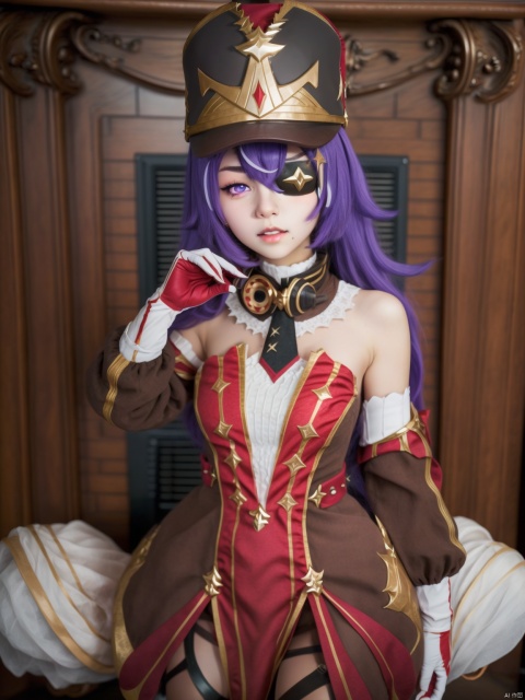  (Best quality: 1.1),  (highly details: 1.1), chevreuse_\(genshin_impact\), 1girl, long hair, solo, hat, eyepatch, purple hair, , hevreuse_\(genshin_impact\)
