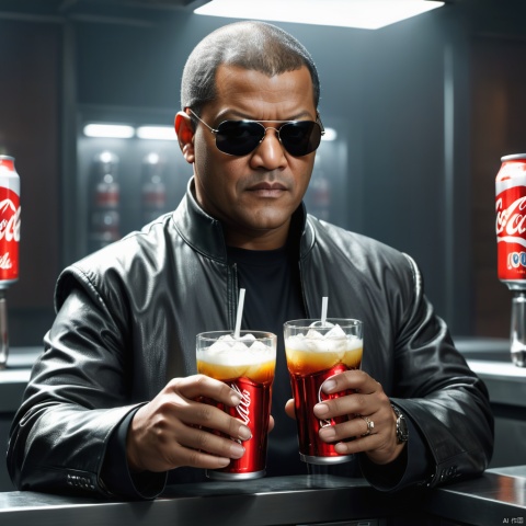 Morpheus presenting a choice of ((two drinks resting on each of his open palms)), can of coca-cola or a can of pepsi, Laurence Fishburne, The Matrix, Reflective glasses,,8K HDR, Studio quality, Cinematic, intense, dramatic,