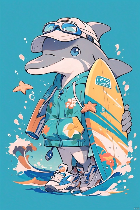  (\lang lang\), surfboard, hat, blue eyes, holding, shoes, blue background, floral print, solo, water, hood, sneakers, baseball cap, starfish, furry, sunglasses, white headwear, shirt, blue footwear, full body, hood down, whistle, standing, looking at viewer, bird, hoodie, dolphin, eyewear on headwear, male focus, waves, goggles
