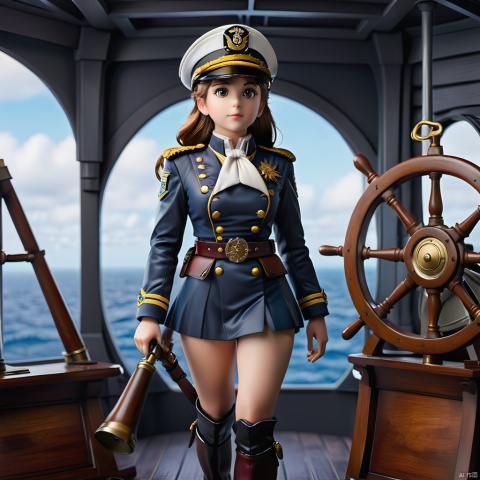 1girl, PVC,best quality,masterpiece,She's dressed in a white captain's uniform, with golden buttons and epaulettes on the jacket that signify her authority. A wide belt cinches her waist, and long boots accentuate her legs. A captain's hat rests on her head, and she holds a telescope in hand, standing by the ship's wheel, her eyes filled with determination and confidence, as if guiding the vessel toward uncharted waters.