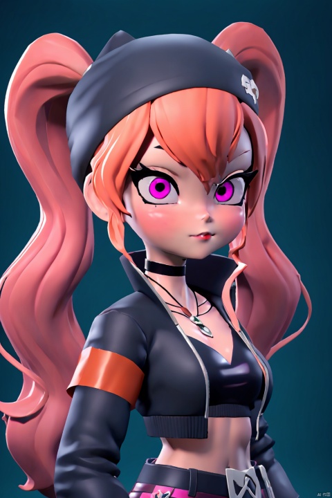 masterpiece, best quality,ZOE,1girl,jacket,multicolored hair,twintails,solo,black hair,black belt,black jacket,pink eyes,belt,hat,pink hair,choker,black choker,looking at viewer,crop top,jewelry,breasts,necklace,bangs,long hair,black headwear,