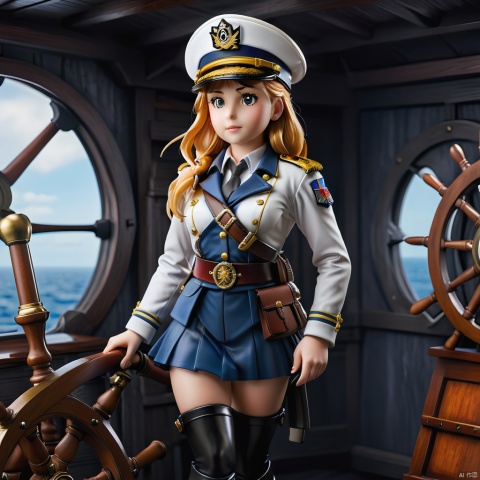 1girl, PVC,best quality,masterpiece,She's dressed in a white captain's uniform, with golden buttons and epaulettes on the jacket that signify her authority. A wide belt cinches her waist, and long boots accentuate her legs. A captain's hat rests on her head, and she holds a telescope in hand, standing by the ship's wheel, her eyes filled with determination and confidence, as if guiding the vessel toward uncharted waters.