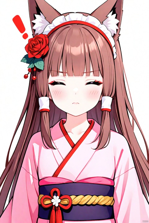 best quality, amazing quality,
1girl,solo,animal_ears,fox_girl,brown_hair,fox_ears,long_hair,animal_ear_fluff,blunt_bangs,pink_hair,
hair_tubes,hair_ornament,frilled_hairband,hair_flower,hairband,hair_bow,red_bow,
sidelocks,
pink_kimono,kimono,japanese_clothes,
frills,off_shoulder,frilled_sleeves,wide_sleeves,sash,bow,obi,
white_background,simple_background,
upper_body,collarbone
:t,!,
blush,closed_eyes,closed_mouth,lips,v-shaped_eyebrows,
rose,red_flower,flower,