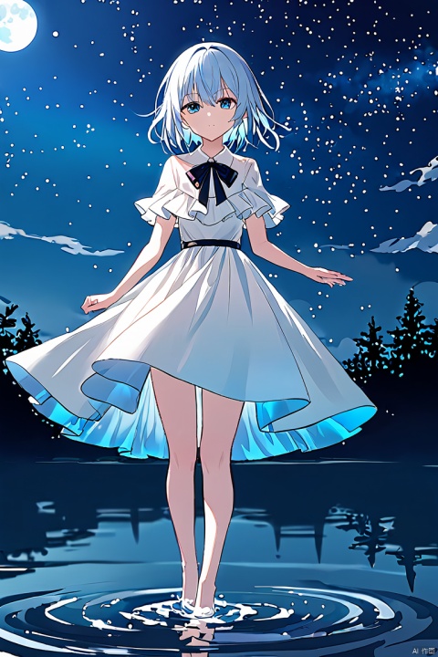 1girl,white dress,blue eyes,
night sky,Standing on the water,lake,
