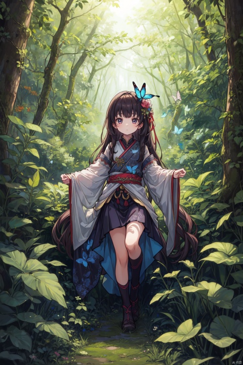  1 girl, surrounded by big leaf plants, wearing flower accessories, (Old-growth forest), (long hair) puberty, young girl, bright outline,Butterfly Dance, surrealistic,tuyawang, senlin