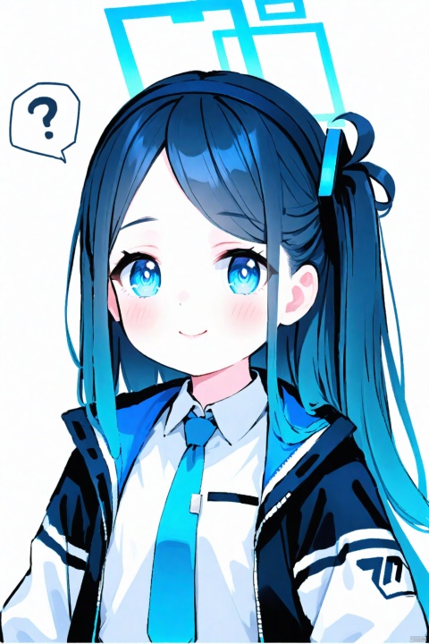 white_background,
aris_(blue_archive),1girl,solo,halo,blue_eyes,blue_hair,black_hair,
black_hairband,multicolored_jacke,blue_necktie,white_shirt,collared_shirt,
?,
short_hair,bangs,forehead,one_side_up,
closed_mouth,smile,blush,
upper_body,looking_at_viewer,
spoken_question_mark,alternate_hairstyle,alternate_hair_length,