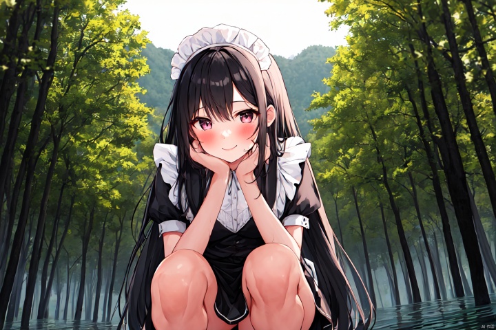 1girl,solo,
black hair,long hair,
blush, light smile, 
Hands behind,
maid,squatting,
small boobies,Forests,water,Trees, 