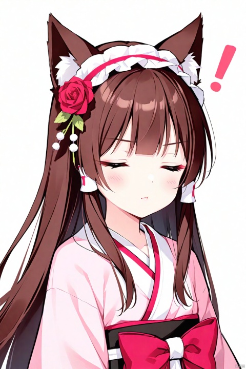  best quality, amazing quality,
mochizuki shiina,HAPPOBIJIN,
1girl,solo,animal_ears,fox_girl,brown_hair,fox_ears,long_hair,animal_ear_fluff,blunt_bangs,pink_hair,
hair_tubes,hair_ornament,frilled_hairband,hair_flower,hairband,hair_bow,red_bow,
sidelocks,
pink_kimono,kimono,japanese_clothes,
frills,off_shoulder,frilled_sleeves,wide_sleeves,sash,bow,obi,
white_background,simple_background,
upper_body,collarbone
:t,!,
blush,closed_eyes,closed_mouth,lips,v-shaped_eyebrows,
rose,red_flower,flower,
from side,