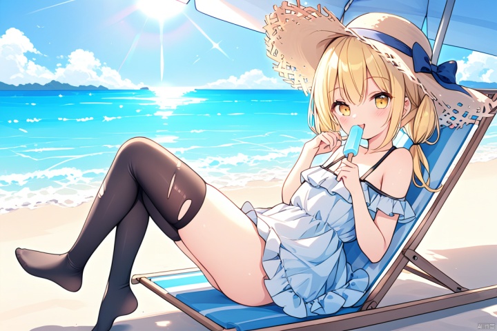 best quality, amazing quality,
sun glare,beach,beach chair,beach umbrella,
1girl,solo,
full body,yellow hair,bule eyes,short low_twintails,
small breasts,thick thighs,frilled bow,straw hat,dress swimsuit,
strap slip,thighhighs,torn_legwear,
dripping,finger_to_mouth,light smile,
Holding a popsicle,licking popsicle,blue sky,sitting sideways,