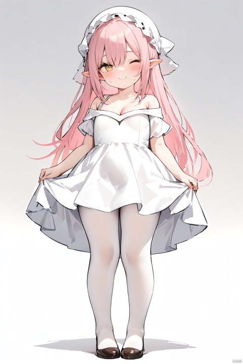 best quality, amazing quality, very aesthetic, absurdres, masterpiece,
simple background,white background,
1girl,child,solo,
white Pantyhose,Cleavage,big breast, white dress,sweat,
pink hair,yellow eyes,hair cover one eye,pointy ears,long hair,
blush,light smile,standing,
full body,
