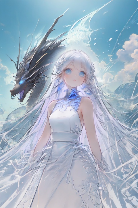 1girl,white dress,blue eyes,
blue sky,
ethereal dragon