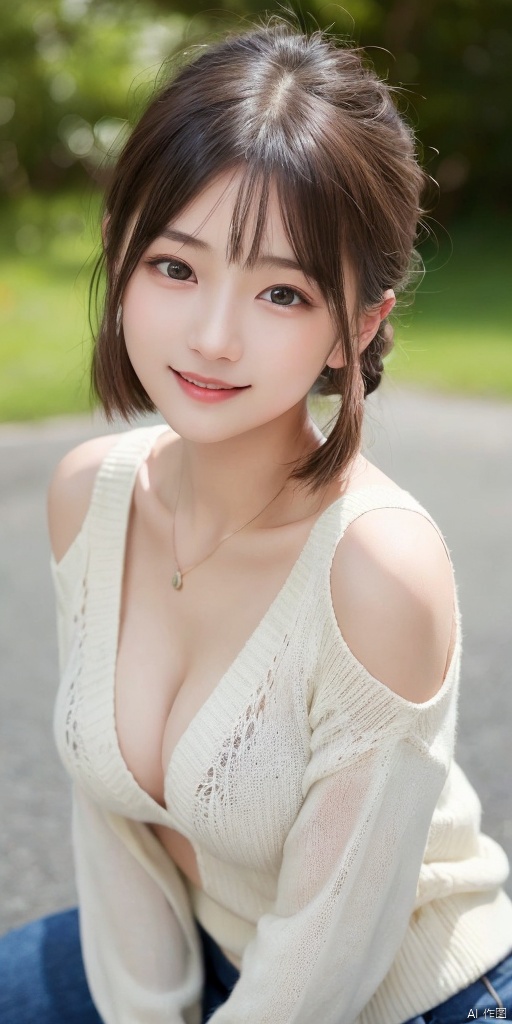 (​masterpiece:1.3), (8K, Photorealsitic, Raw photography, Top image quality: 1.4), Japan high school girls、(Random hairstyles:1.2)、cleavage of the breast:1.2、Super Detail Face、Eye of Detail、二重まぶた、Bring your chest together、foco nítido:1.2、prety woman:1.4、light brown hair、top-quality、​masterpiece、超A high resolution、(Photorealsitic:1.4)、Highly detailed and professional lighting smile、Loose and light knitwear、Shoulder out、slender、serious facial expression、short-haired、Fatal position, wangyushan