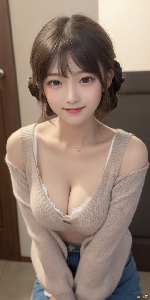(​masterpiece:1.3), (8K, Photorealsitic, Raw photography, Top image quality: 1.4), Japan high school girls、(Random hairstyles:1.2)、cleavage of the breast:1.2、Super Detail Face、Eye of Detail、二重まぶた、Bring your chest together、foco nítido:1.2、prety woman:1.4、light brown hair、top-quality、​masterpiece、超A high resolution、(Photorealsitic:1.4)、Highly detailed and professional lighting smile、Loose and light knitwear、Shoulder out、slender、serious facial expression、short-haired、Fatal position, wangyushan