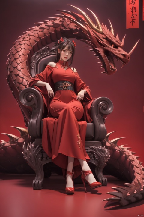  1girl,red theme,(redbackground:1.2),,dragon,longnv,(wide angle lens:1.3),better hands,,