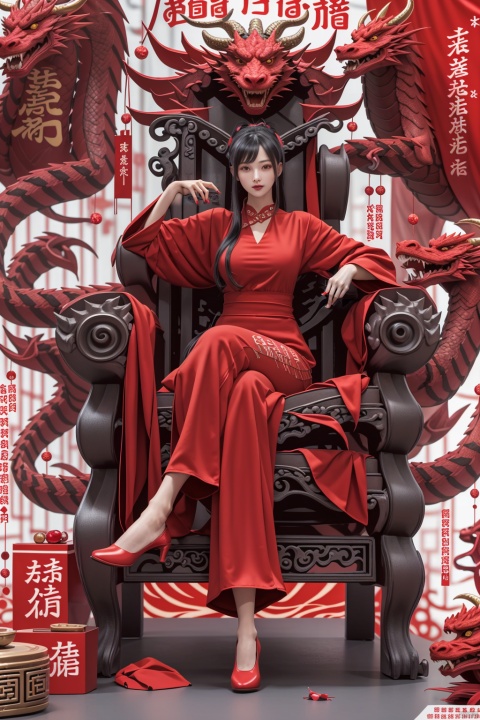 longnv,1girl,cyberpunk style,nu wa,red crystal pumps,domineering side leakage,wear stylish dahongpao clothes and pants,a cold expression,cool,very cool expression,sitting cross-legged on a big dragon chair,hands held up the "happy new year" banner!,
three-dimensional antique,<lora:660447313082219790:1.0>