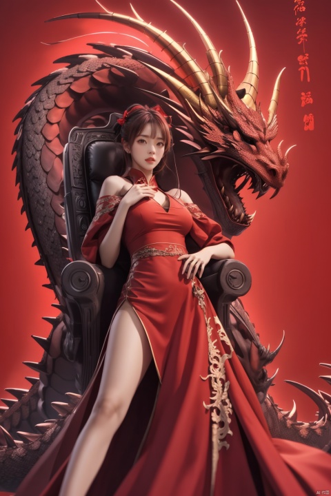  1girl,red theme,(redbackground:1.2),,dragon,longnv,(wide angle lens:1.3),better hands,