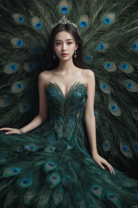 1girl,a gorgeous long dress made of peacock feathers,peacock open screen,green feather,huge feathers,complex background,beautiful background,(feathers everywhere:1.3),depth of field level,wangyushan,(vision:1.2),mandala entanglement pattern