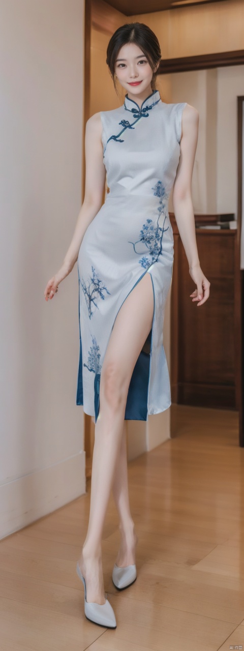 1girl,changtui,,blue and white porcelain pattern,(longlegs:1.4),minguo,,qipao,red,chinadress,high_heels,