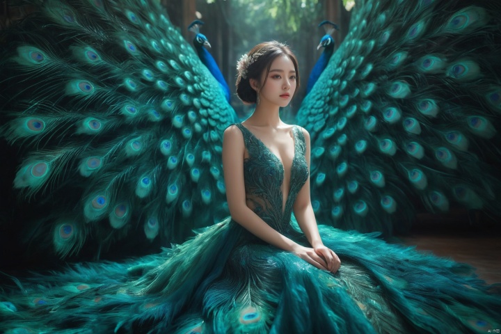  1girl,bright light,a gorgeous long dress made of peacock feathers,peacock open screen,green feather,huge feathers,complex background,beautiful background,(feathers everywhere:1.3),depth of field level,wangyushan,(vision:1.2),mandala entanglement pattern