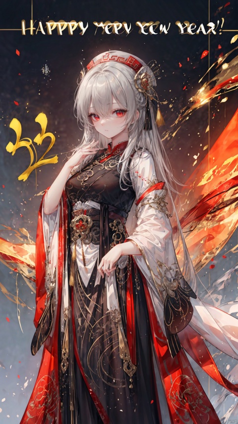 ,bishoujo,{{{masterpiece}}},Best quality,Extremely detailed 4K CG,Extremely beautiful and Detailed girl,{large breasts},{{{cyberpunk background}}},Extremely Beautiful and Detailed Girl,Beautiful detailed orange eyes(slit pupils),{shiny eyes},{{{Long Hair(((silver))),silver hair,very long hair,hair between eyes,crossed bangs,hair wings,disheveled hair,messy_hair}}},{{drifting hair}},{{{shiny hairs}}},{{{dishelved hair}}},{hairs between eyes},expressionless,(Tall and straight breasts.),Wearing a handsome cloak(((black))),Bare shoulders,{with cloak floating},{Wearing Extremely Detailed Black pantyhose},{Beautiful and detailed Black uniform},{{with a medium golden ornaments on her head}},{{with a royal halo on her head}},{{{with Extremely Detailed (((Dragon corner))) on her head}}}, official Arts,{{with floating body}},There is Extremely Detailed A lot of {Glowing feathers} floating beside her,(((Happy New Year:1.4))),(((New Years greeting:1.5))), focuseyes, backlight((Chinese style:1.4)), qiuyinong
