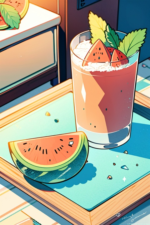 A glass of soda, frozen, frozen effect, on a wooden tray with pieces of watermelon, with mint leaves, cut small turquoise greens, with ice cubes, a few scattered ice cubes on a wooden board, super realistic Food pictures, full theme shown in photos,, Randy Post, hyper realistic &quot;, hyper realistic&quot;, high res photo
