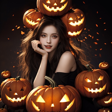  Best quality, 8k, cg,Halloween,1girl,jack-o'-lantern