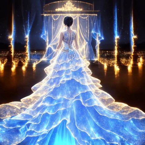  Best quality, 8k, cg,Blue Dress,Luminescence,1girl,Glow Wedding Dress