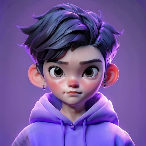  1boy,cruel,purple background,in the style
of vray tracing,shiny/glossy,, bold character designs, realistic impression, 8k, Anime,trend,Front, upper body,Hoodies,Personality, Earrings