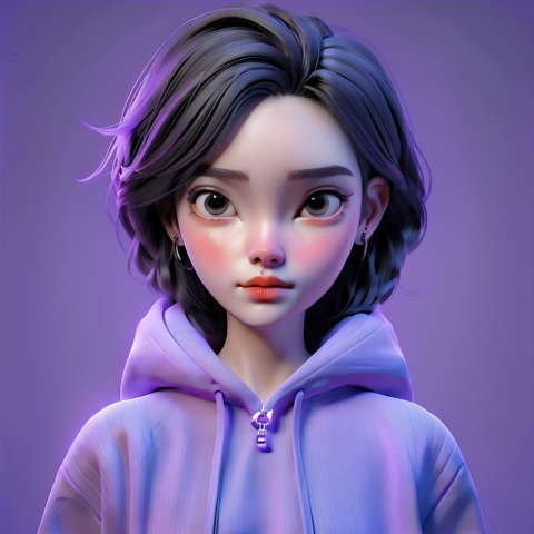 1gril,cruel,purple background,in the style
of vray tracing,shiny/glossy,, bold character designs, realistic impression, 8k, Anime,trend,Front, upper body,Hoodies,Personality, Earrings