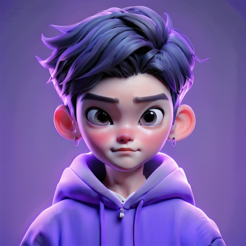 1boy,cruel,purple background,in the style
of vray tracing,shiny/glossy,, bold character designs, realistic impression, 8k, Anime,trend,Front, upper body,Hoodies,Personality, Earrings