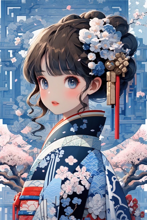 1girl, solo, hair ornament, blue eyes, flower, hair flower, outdoors, cherry blossoms, parted lips, looking at viewer, japanese clothes, blush, upper body, kimono, day, bangs, sky, white kimono, brown hair, medium hair, parted bangs, pink flower, from side, blue sky, black hair, petals, tree, branch, architecture