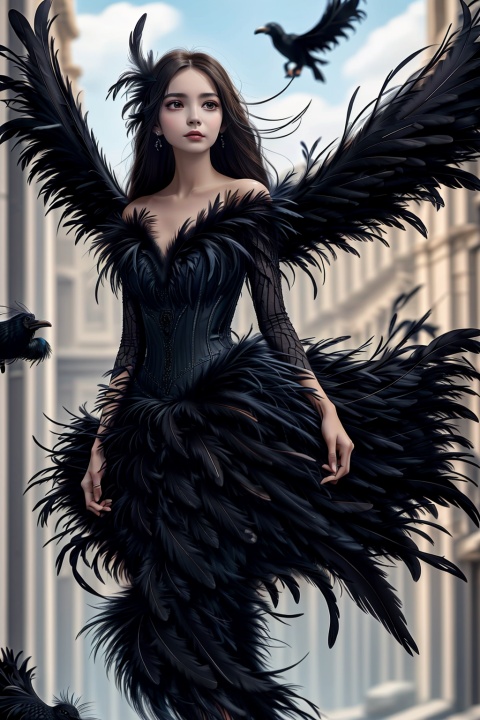  Best quality, 8k, cg,Black feather,1girl,Feather wings,crow