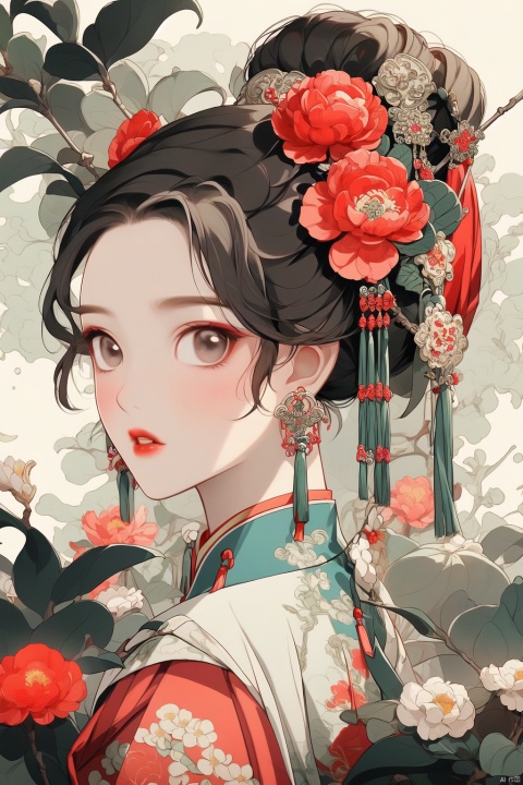 1girl, solo, flower, jewelry, earrings, hair ornament, tassel, looking at viewer, red flower, hair flower, upper body, white flower, black hair, tassel earrings, chinese clothes, bangs, floral print, leaf, blush, parted lips, red lips, flower earrings, makeup, plant, lips, lipstick, peony (flower), camellia, ponytail, short hair