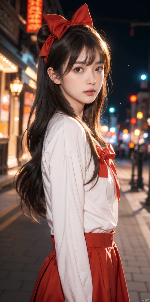  (extremely delicate and beautiful:1.2),1girl,fashi-girl, bangs, blue eyes, blurry, blurry background, bow, brown hair, closed mouth, from side, hair between eyes, hair bow, lantern, light particles, long sleeves, looking at viewer, medium hair, night, red bow, solo, star \(symbol\), upper body,smile,red lips, 1girl, skinny,pantyhose