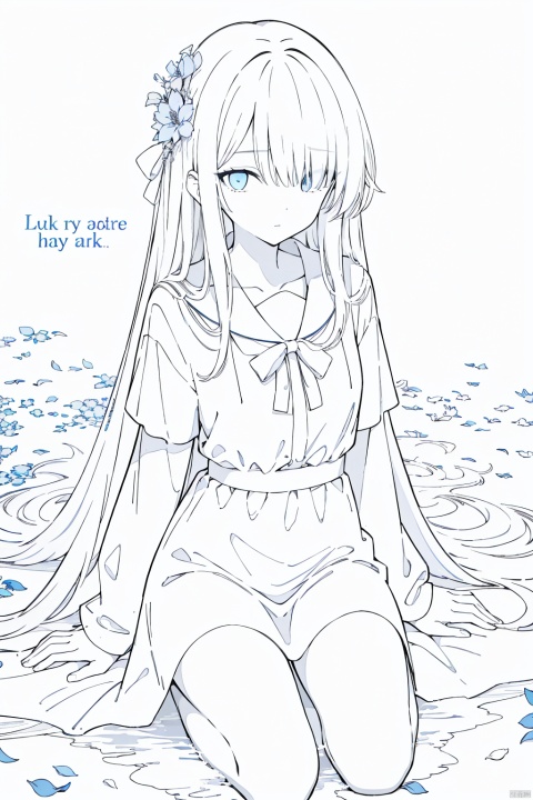  1girl, blue eyes, white long translucent night gown, expressionless, (white hair), hair cover one eye, long hair, blue hair flower, kneeling on lake, blood, (plenty of blue petals:1.35), (white background:1.5), (English text), greyscale, monochrome,greyscale,monochrome,sketch,